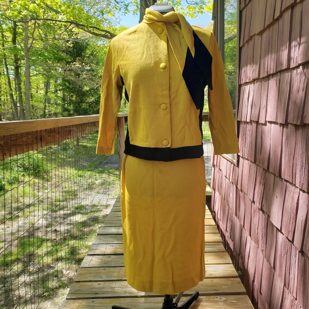 Vintage 1960s Mustard Tie Neck Skirt Suit Set